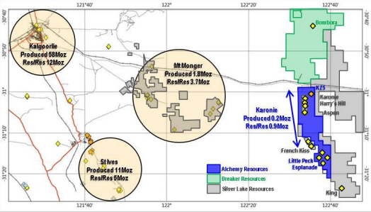 Karonie Project showing exploration licence applications, gold base metal prospects, and location of Silver Lake Resources’ Harry’s Hill/French Kiss resource areas and Breaker Resources’ Lake Roe Project Image credit: Alchemy Resources ASX release
