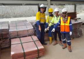 Wetar processing staff with the LME Grade A copper cathode stripped from the 25,000 t.p.a. SX-EW plant Image credit: Flinders Resources ASX release