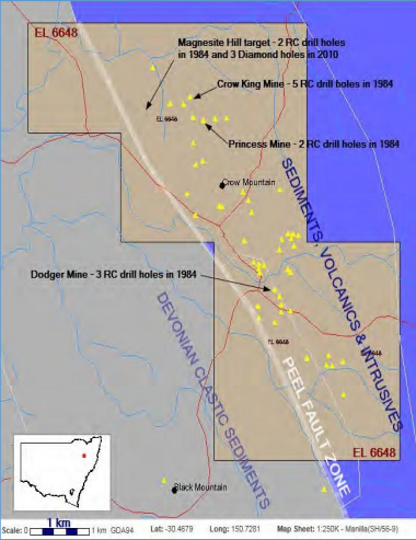 Location of EL 6648, showing gold workings (yellow triangles) adjacent to the Peel Fault Image credit: Carbine Tungsten ASX release